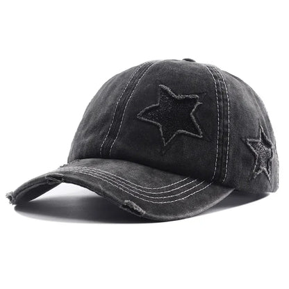 Ponytail Baseball Cap Star Patch Distressed Snapback Women Hat