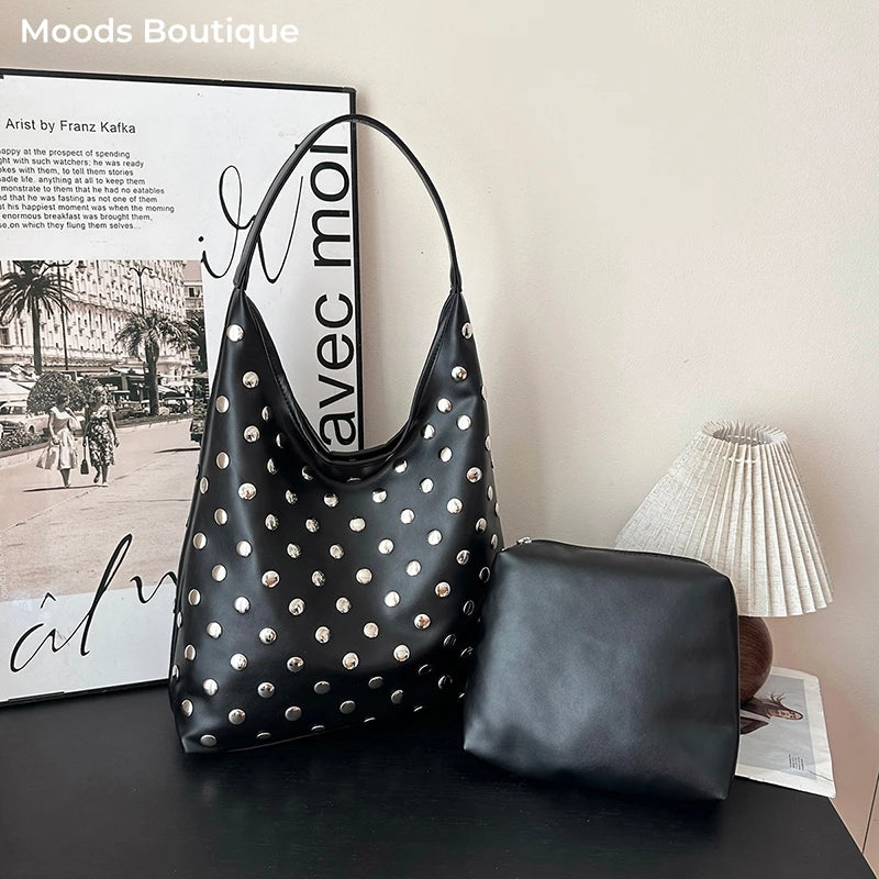 Moods Slouchy Studded Tote Bag Set Women Biker Style Rivets Decor 2-In-1 Large Capacity Underarm