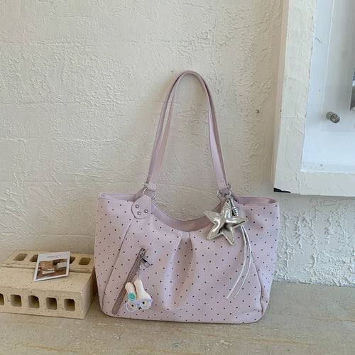 Polka Dot Tote Bag – Large Capacity Shoulder Bag with Zipper & Charm