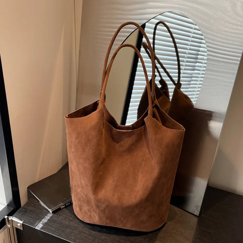 Suede Tote Bag – Women's Retro Large Shoulder Bag with Pouch