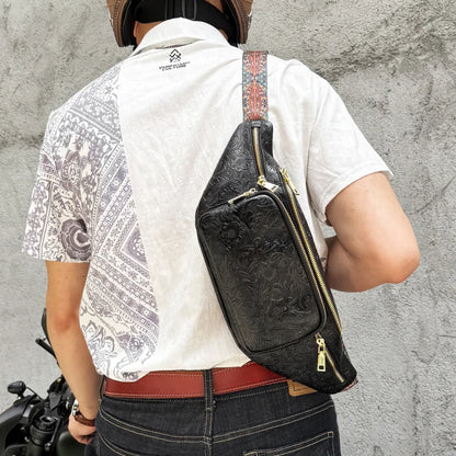 Genuine Leather Fanny Pack for Men – Floral Embossed Travel Waist Bag