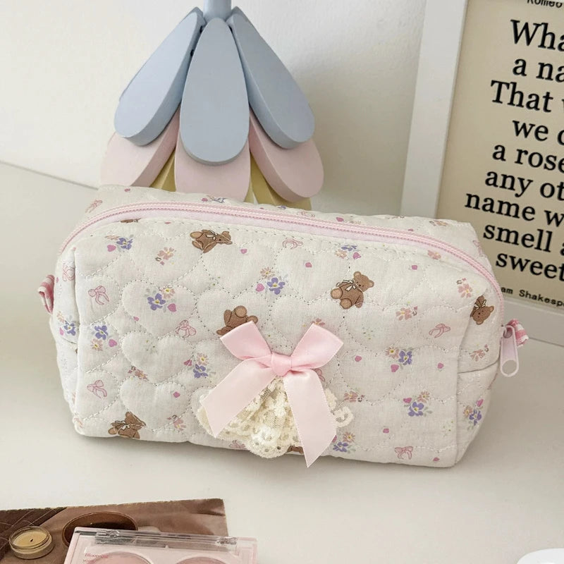 Floral Lace Makeup Bag – Cute Bow Cosmetic Pouch for Women