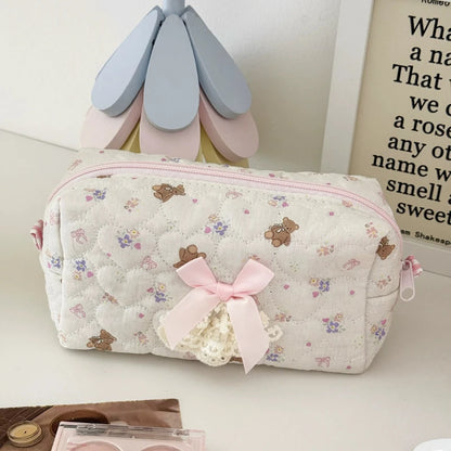 Floral Lace Makeup Bag – Cute Bow Cosmetic Pouch for Women