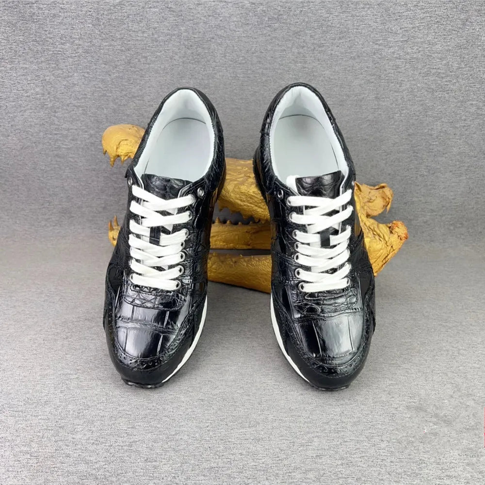 Crocodile Leather Men's Sneakers – Black Lace-Up Casual Shoes