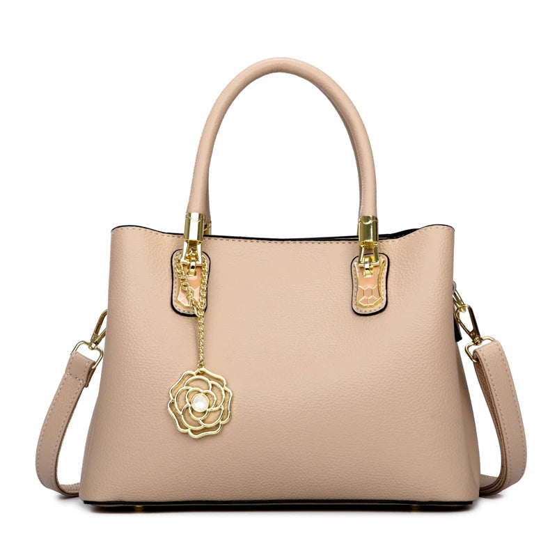 Women's Leather Tote Bag with Gold Hardware & Flower Pendant