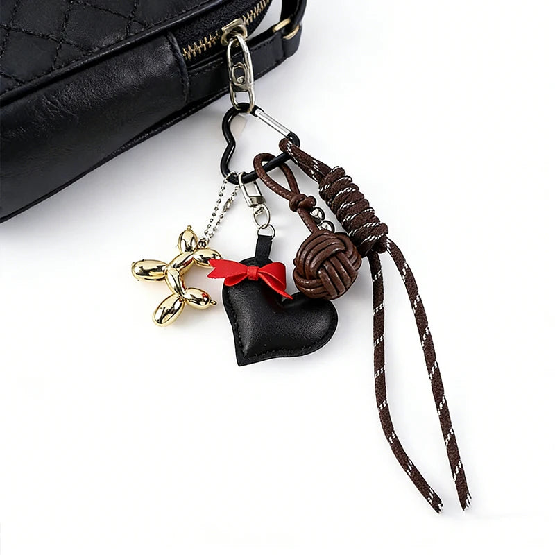 PU Leather Heart Bow Keychain with Balloon Dog Charm
