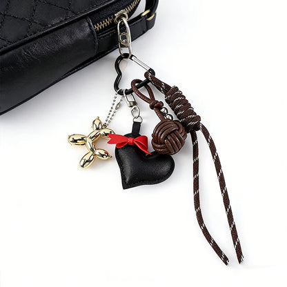 PU Leather Heart Bow Keychain with Balloon Dog Charm