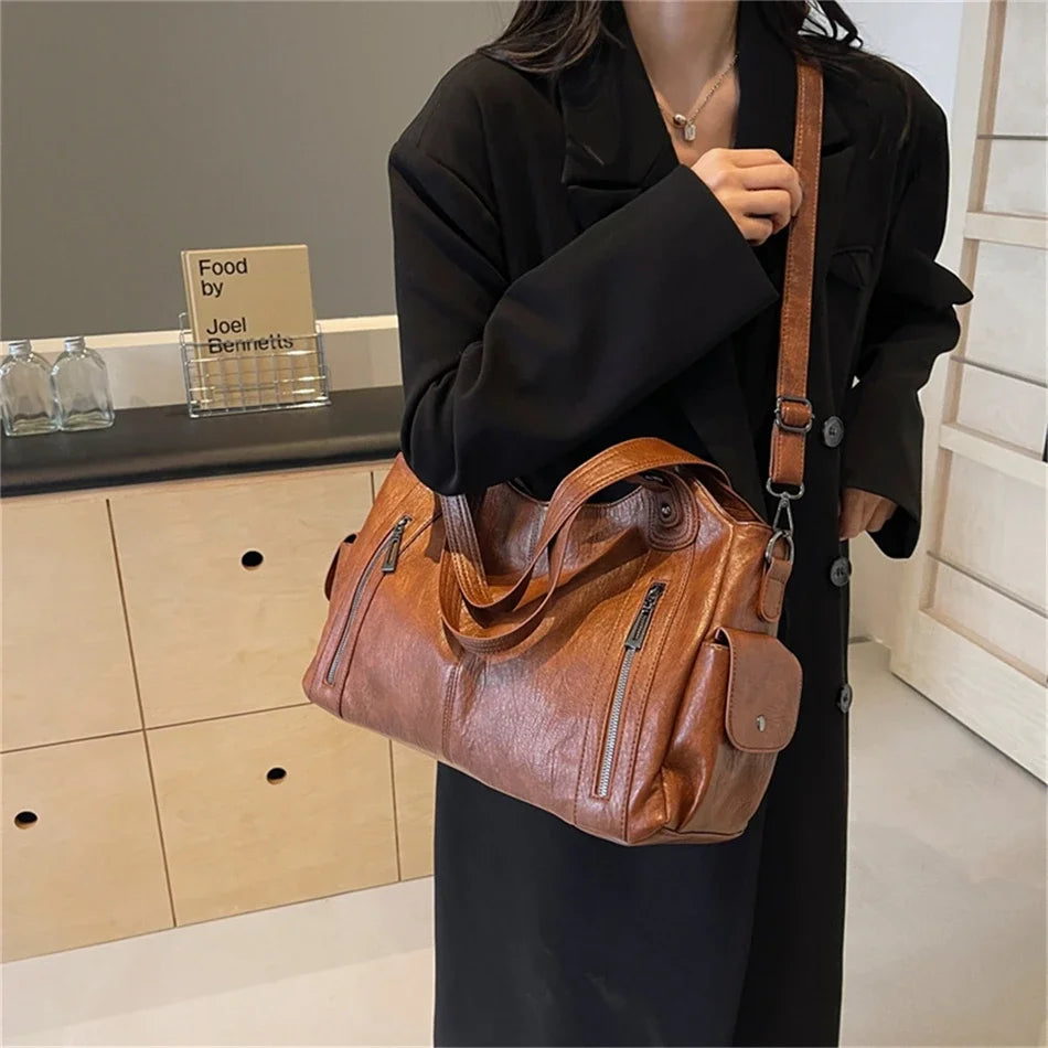 Women's Vintage Leather Tote Bag – Large Capacity Multi-Pocket Shoulder Bag