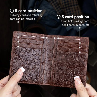 Handmade Floral Embossed Leather Card Wallet & Coin Pouch