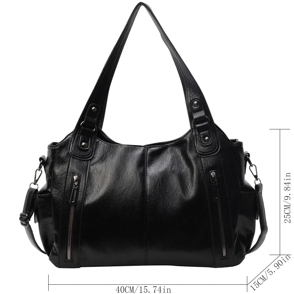 Women's Vintage Leather Tote Bag – Large Capacity Multi-Pocket Shoulder Bag