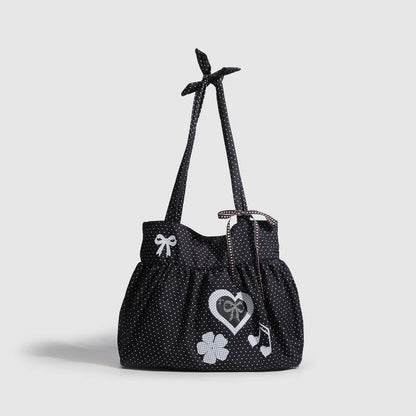 Korean Style Polka Dot Canvas Tote Bag Women Bow Decor Pleated Handbag Large Capacity Casual Daily