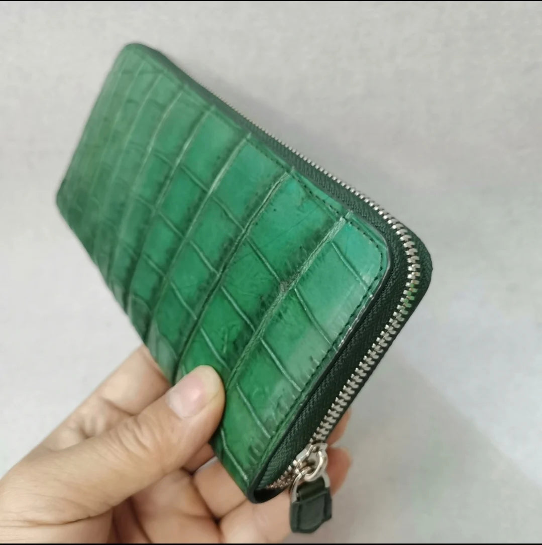Genuine Crocodile Leather Long Zip Wallet in Green