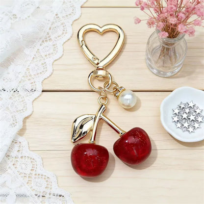 Cherry Resin Bag Charm Keychain with Heart Clip & Pearl