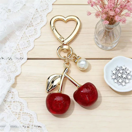 Cherry Resin Bag Charm Keychain with Heart Clip & Pearl