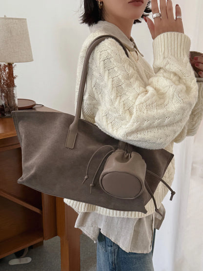 Vintage Large Capacity Suede Tote Bag Designer Trapeze Shoulder Bags Women Luxury Genuine Leather