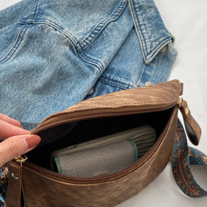 Women's PU Leather Crossbody Bag with Wide Boho Strap