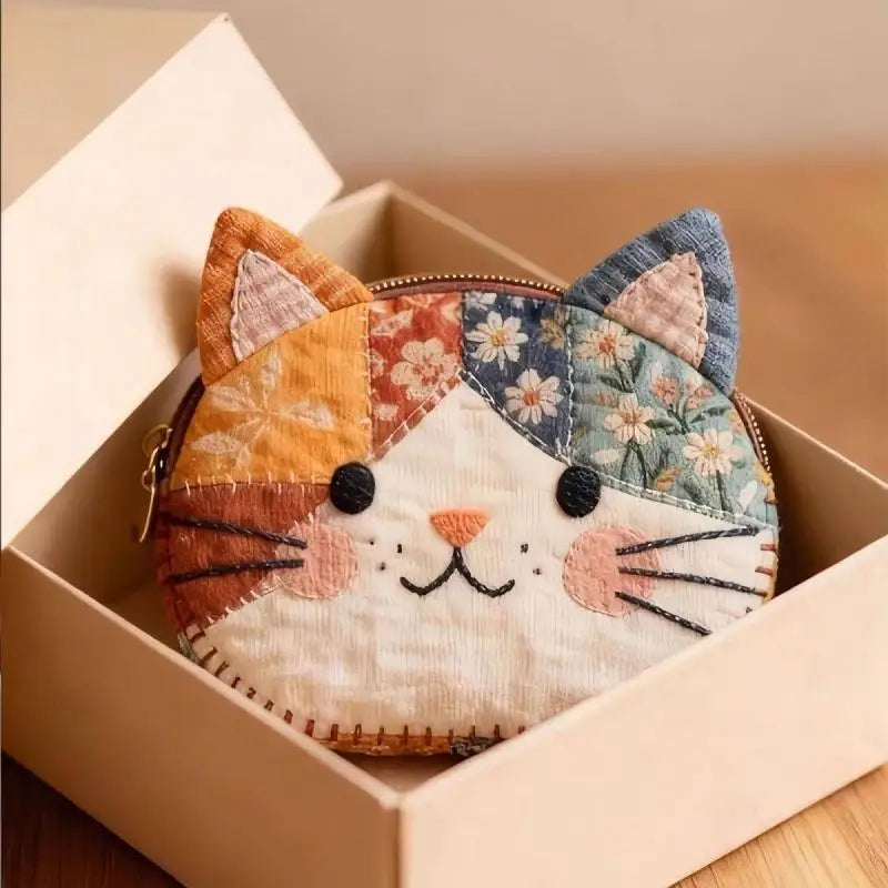 Cat Patchwork Coin Purse – Kawaii Zipper Pouch & Pen Bag