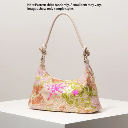 Sequin Floral Embroidery Shoulder Bag for Women