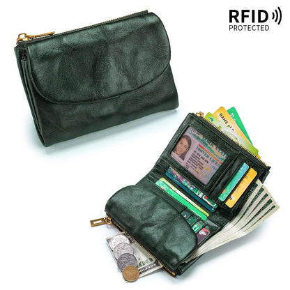 Genuine Leather RFID Wallet – Vintage Flap-Over Multi-Pocket Purse