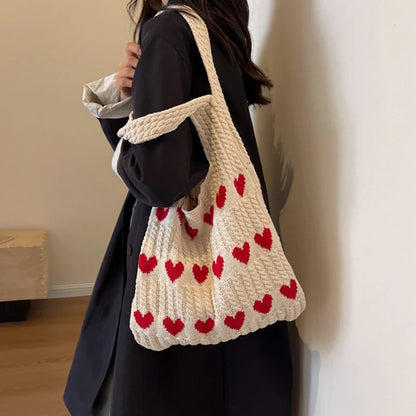 Knitted Heart Pattern Tote Bag Large Capacity for Women