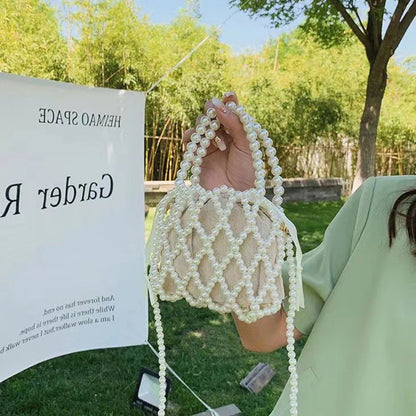 Pearl Beaded Bucket Bag – French Retro Woven Handbag