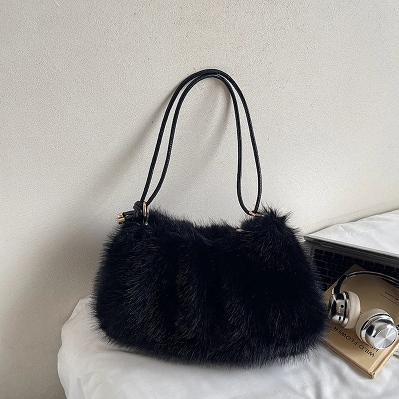 Faux Fur Plush Shoulder Bag – Women's Luxury Tote Handbag