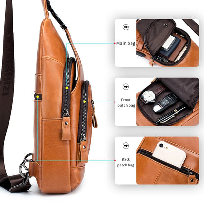 Men's Genuine Leather Sling Bag with USB Charging Port