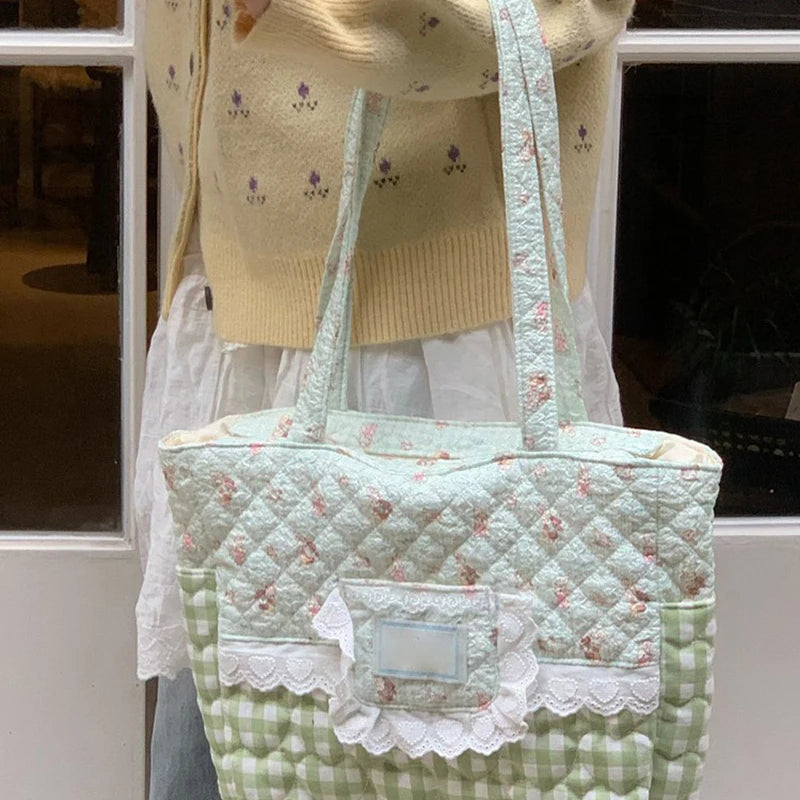 Kawaii Quilted Canvas Tote Bag – Lace Plaid Shoulder Handbag
