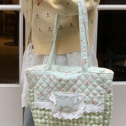 Kawaii Quilted Canvas Tote Bag – Lace Plaid Shoulder Handbag