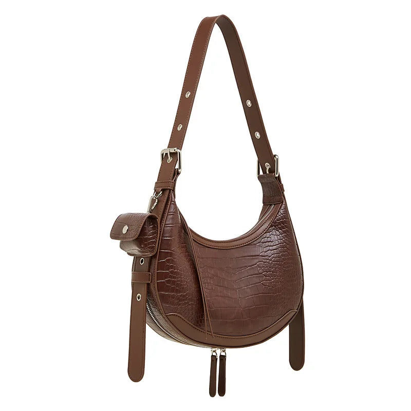 Vintage Crocodile Pattern Shoulder Bag - Half Moon Leather Crossbody for Women