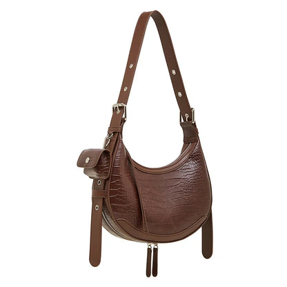 Vintage Crocodile Pattern Shoulder Bag - Half Moon Leather Crossbody for Women