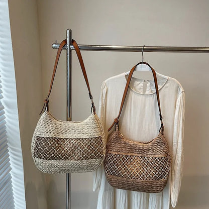 Straw Woven Shoulder Tote Bag with Adjustable Leather Strap