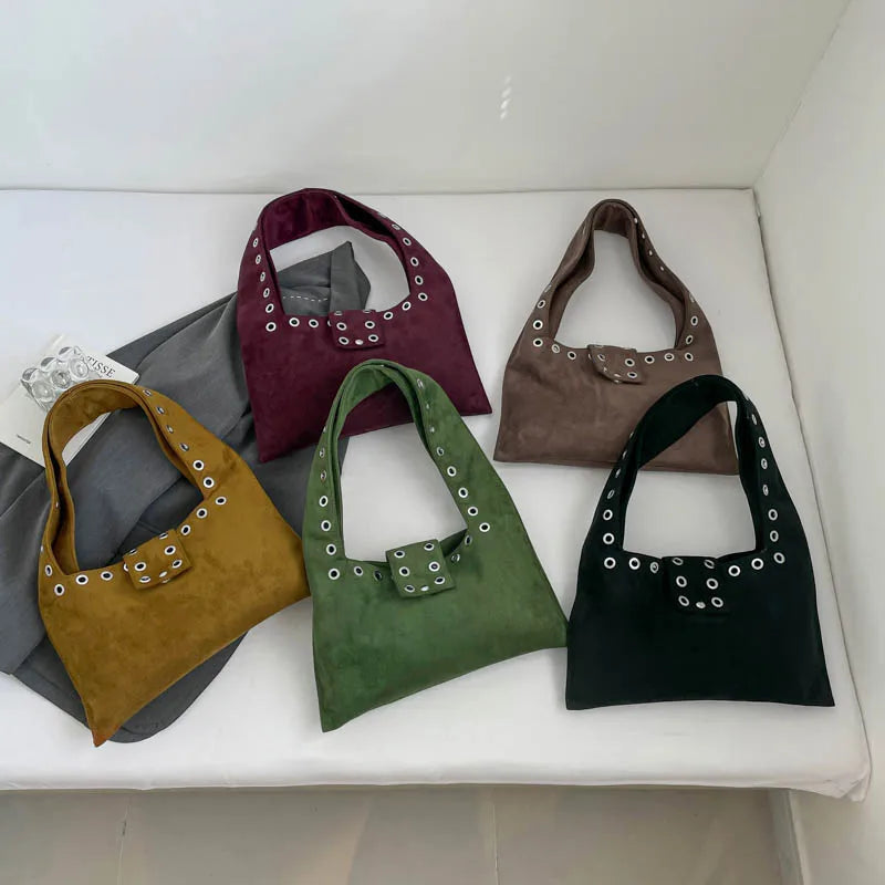 Suede Shoulder Bag – Women's Retro Hobo Bag with Eyelet Detail
