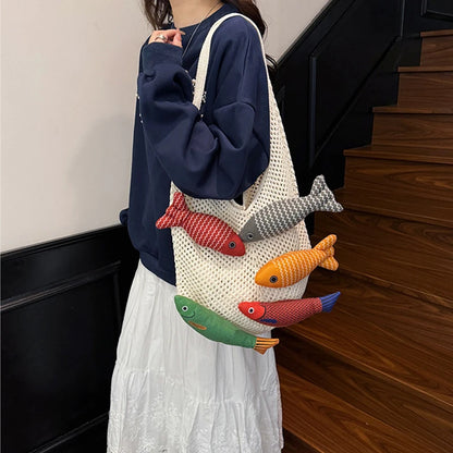 Fish Knit Tote Bag – Crochet Shoulder Bag with 3D Fish