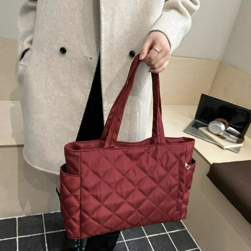 Women Autumn Winter Simple Large Capacity Tote Bag Quilted Crossbody Shoulder Lightweight Casual