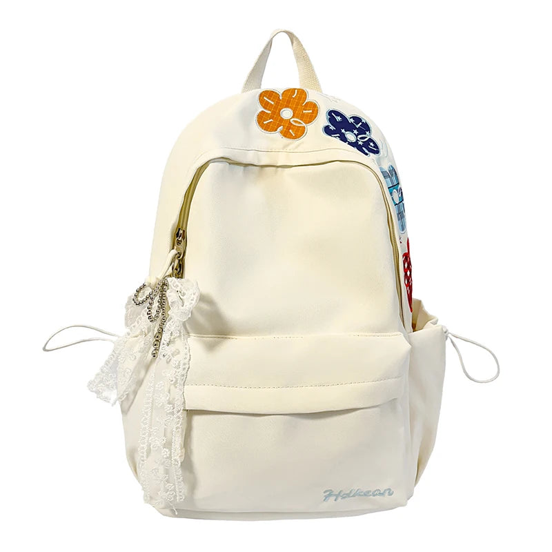 Kawaii Floral Bow Backpack for Girls – Large Nylon School Bag