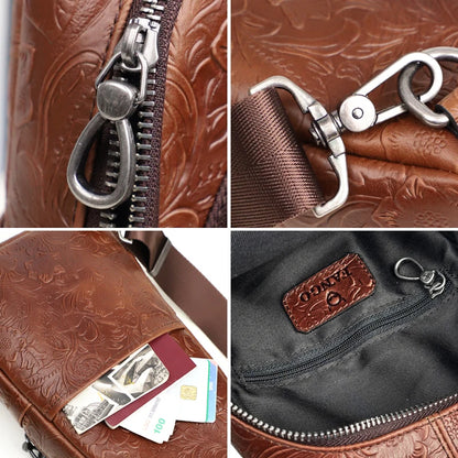 Genuine Leather Chest Bag – Luxury Floral Embossed Sling Backpack for Men