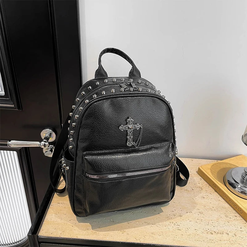 Rivet Cross Leather Backpack Large Capacity Commuter Bag