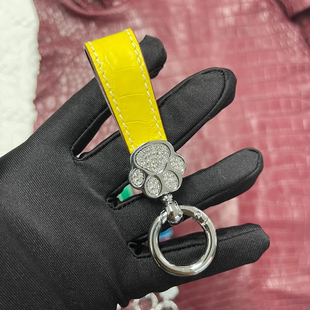 Genuine Crocodile Leather Cat Paw Rhinestone Keychain