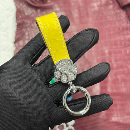 Genuine Crocodile Leather Cat Paw Rhinestone Keychain