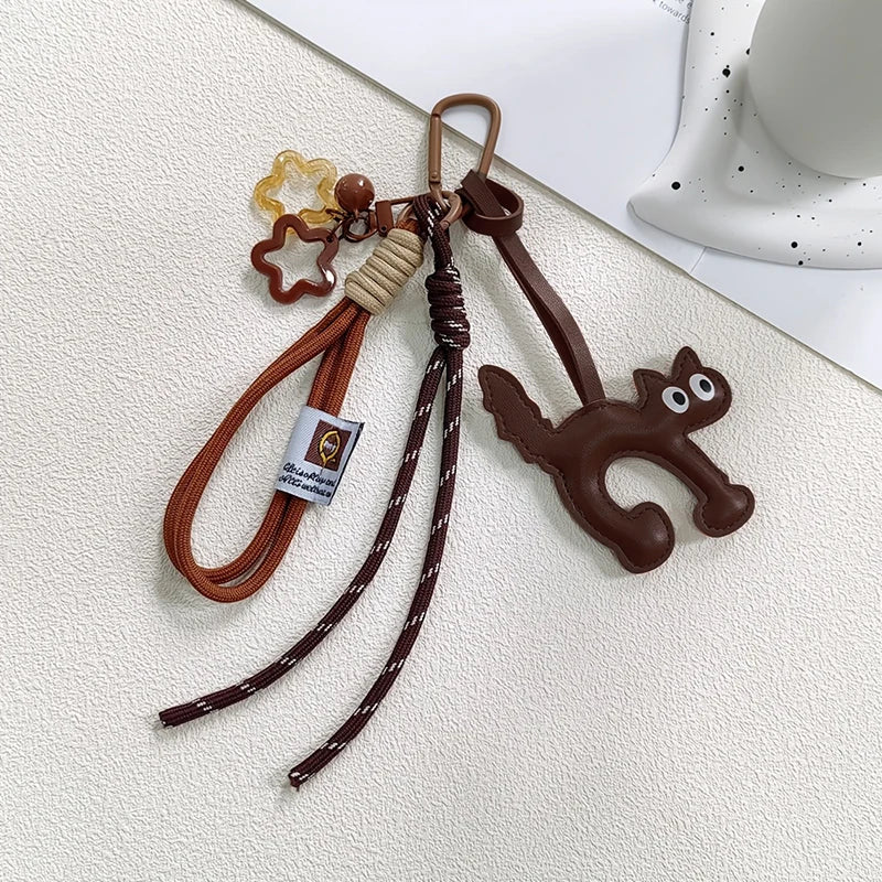 Cat Leather Keychain Charm – Cute Bag Pendant with Rope Lanyard