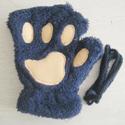 Winter Gloves Women Bear Plush Cat Paw Claw Cute Kitten Fingerless Mittens Christmas Halloween Girls