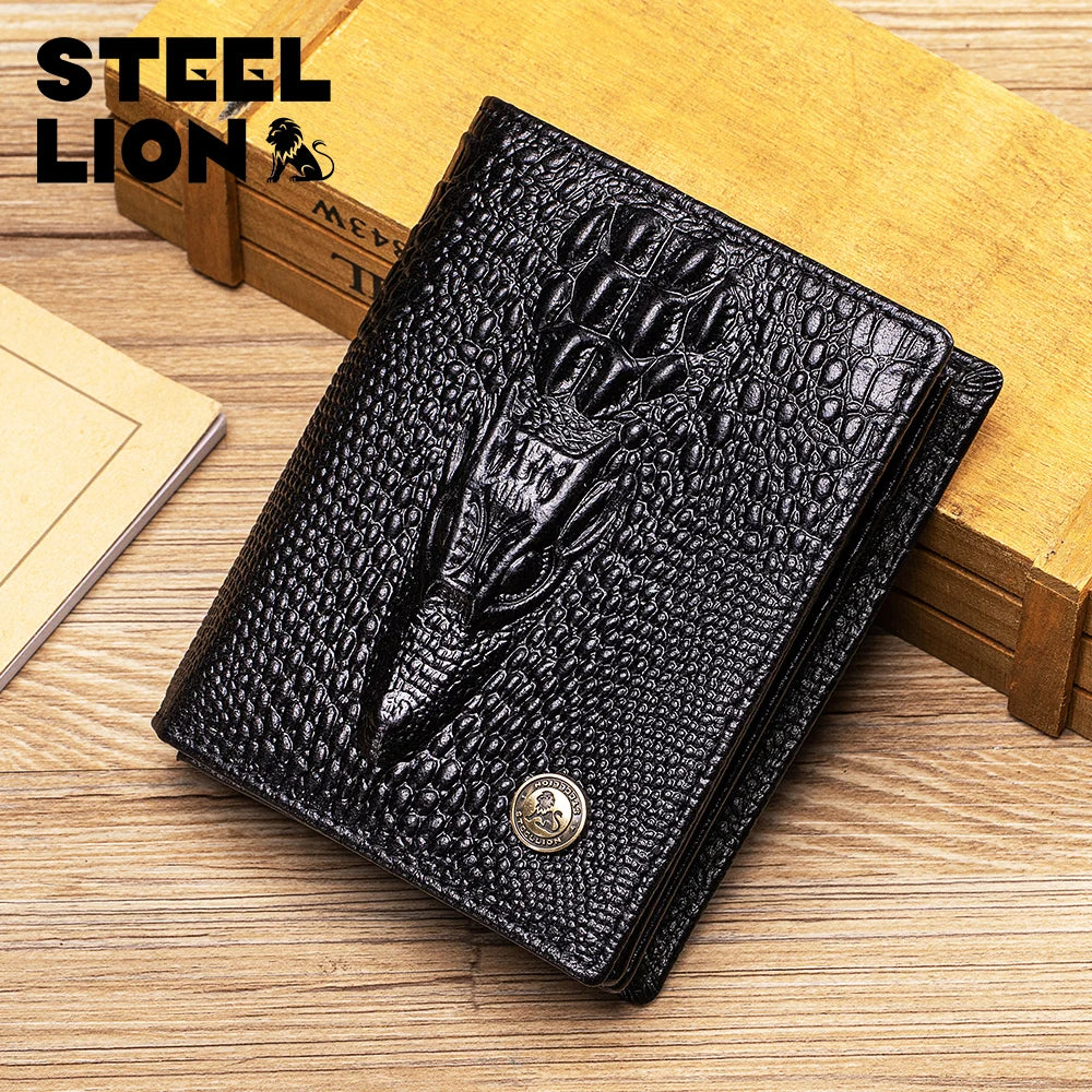 Men's Genuine Leather Wallet – Crocodile Pattern, Large Capacity
