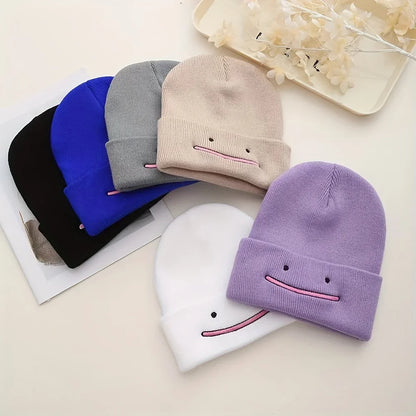 Embroidered Smile Knit Beanie – Stretchy Winter Hat