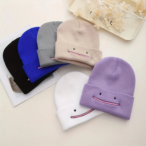 Embroidered Smile Knit Beanie – Stretchy Winter Hat