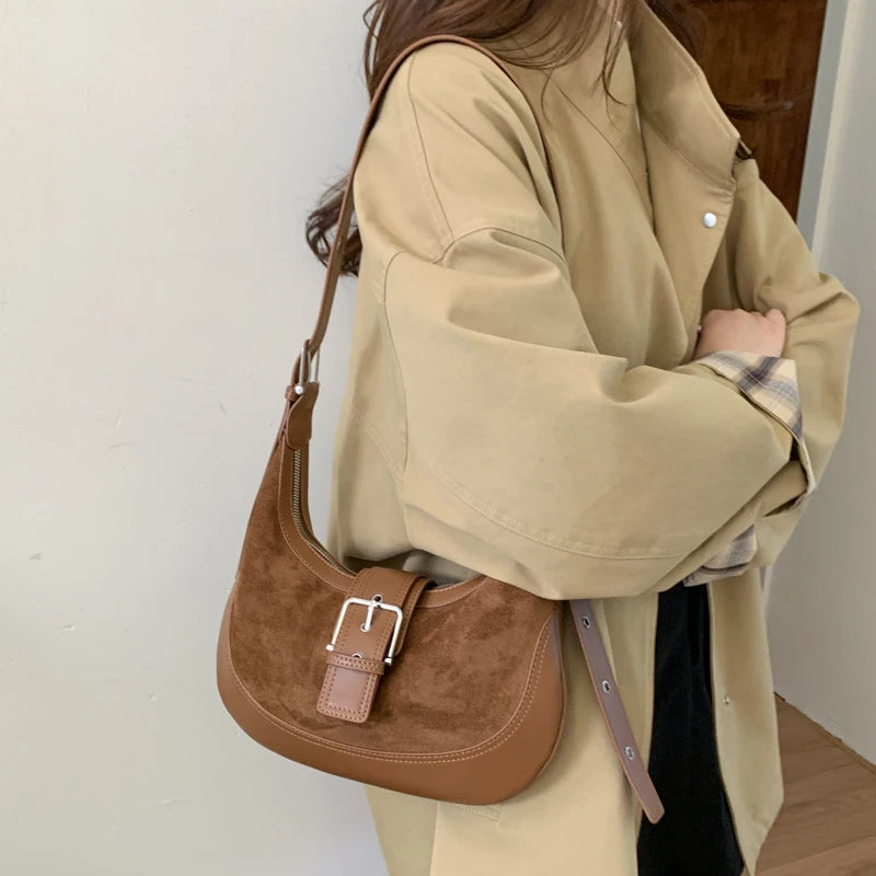 Moods Belt Buckle Design Crossbody Bags Women Pu Suede Commute Underarm Shoulder Hobo Bag Designer