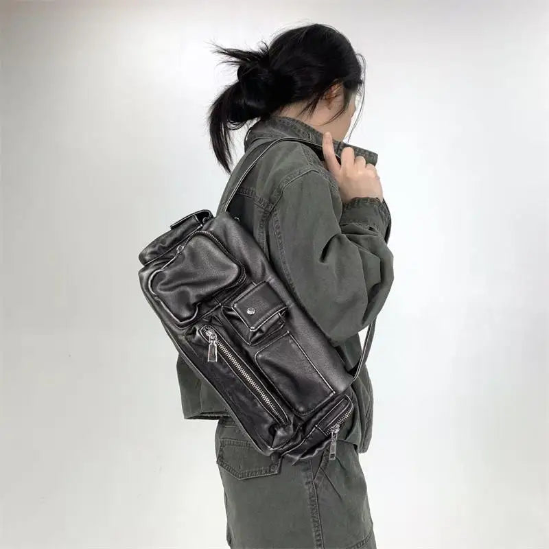 Hobo Crossbody Bag – Y2K Washed Leather Multi-Pocket Women's Bag