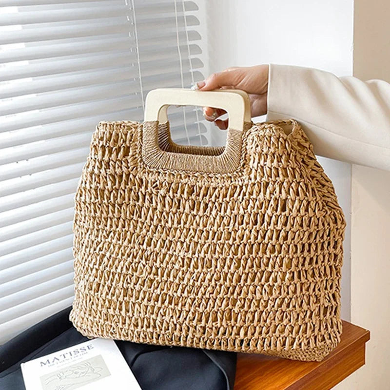 Woven Straw Tote Bag – Wooden Handle Beach & Travel Handbag
