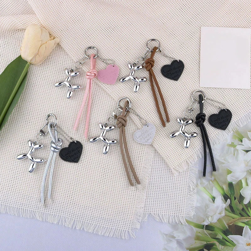 Y2K Balloon Dog Keychain with Heart Charm & Leather Tassel