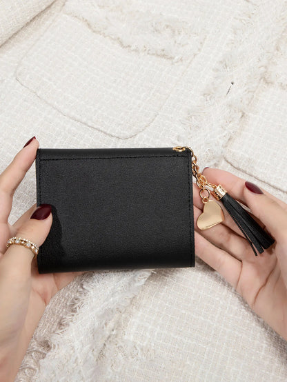 Women's Compact Clutch Wallet with Tassel & Gold Heart Charm